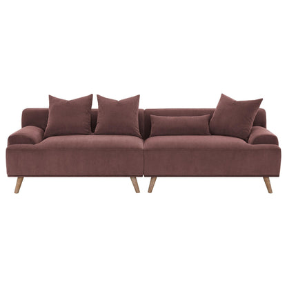 Divano lungo Beno, 103 pollici, velluto a coste rosso bordeaux retrò, 4 cuscini decorativi