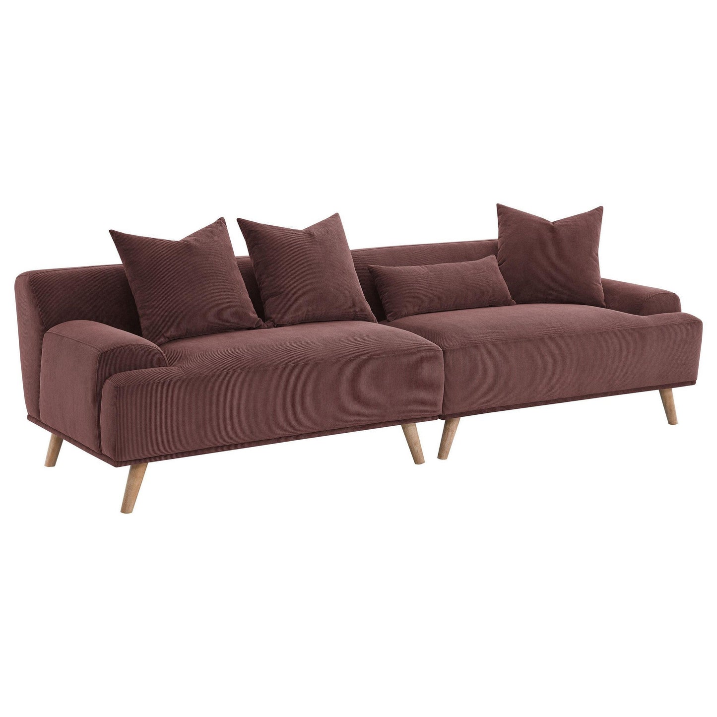 Divano lungo Beno, 103 pollici, velluto a coste rosso bordeaux retrò, 4 cuscini decorativi