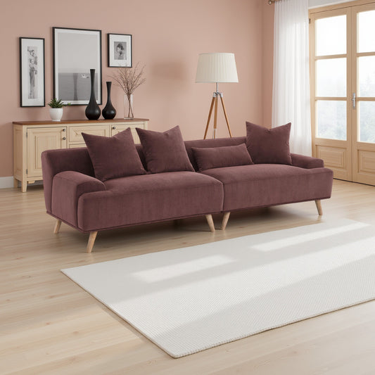 Divano lungo Beno, 103 pollici, velluto a coste rosso bordeaux retrò, 4 cuscini decorativi