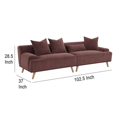 Divano lungo Beno, 103 pollici, velluto a coste rosso bordeaux retrò, 4 cuscini decorativi