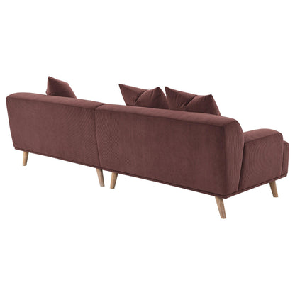Divano lungo Beno, 103 pollici, velluto a coste rosso bordeaux retrò, 4 cuscini decorativi