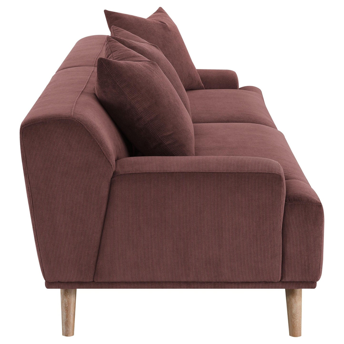Divano lungo Beno, 103 pollici, velluto a coste rosso bordeaux retrò, 4 cuscini decorativi