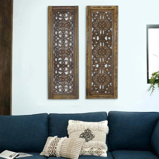 Pannelli da parete in legno intagliati a mano con motivi floreali Benzara, assortimento di due, marrone