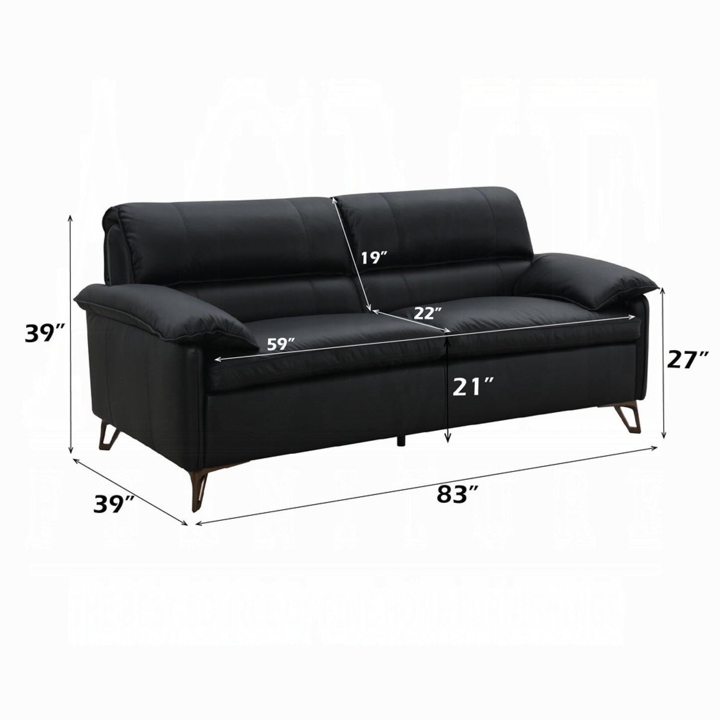 Divano Bernie, elegante pelle pieno fiore nera, metallo bronzo, 83 pollici