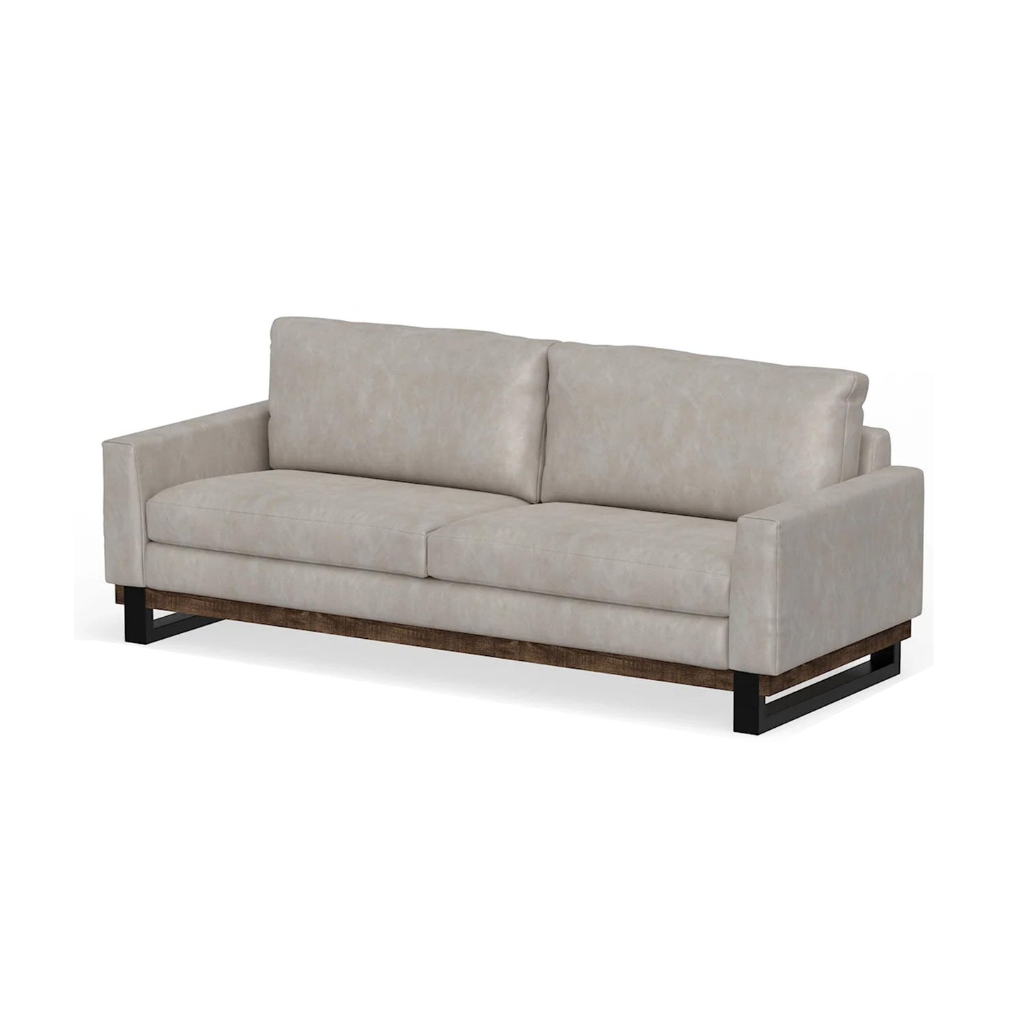 Divano Bery, base moderna in legno massello di pino, morbida similpelle color avorio bianco
