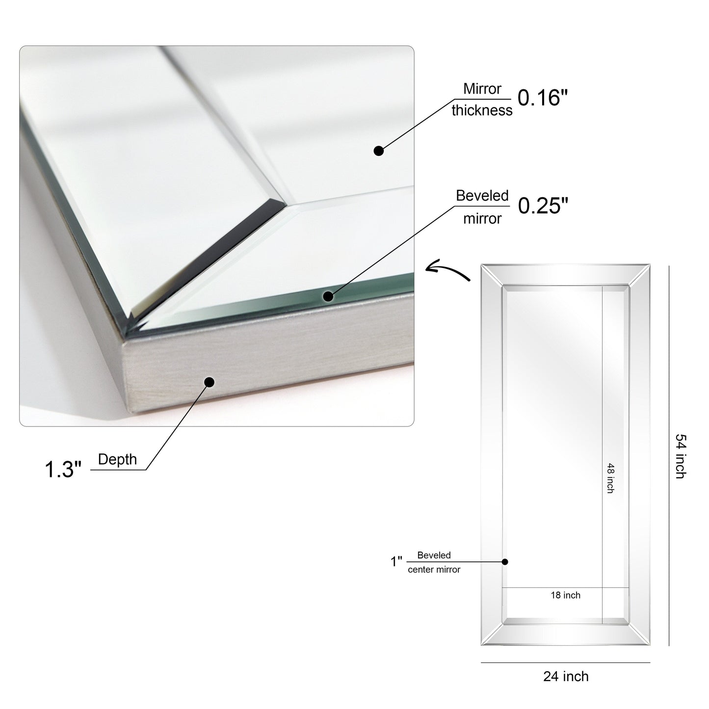 Specchio da parete rettangolare smussato trasparente HD per bagno, toeletta, specchi da camera da letto, 3 misure