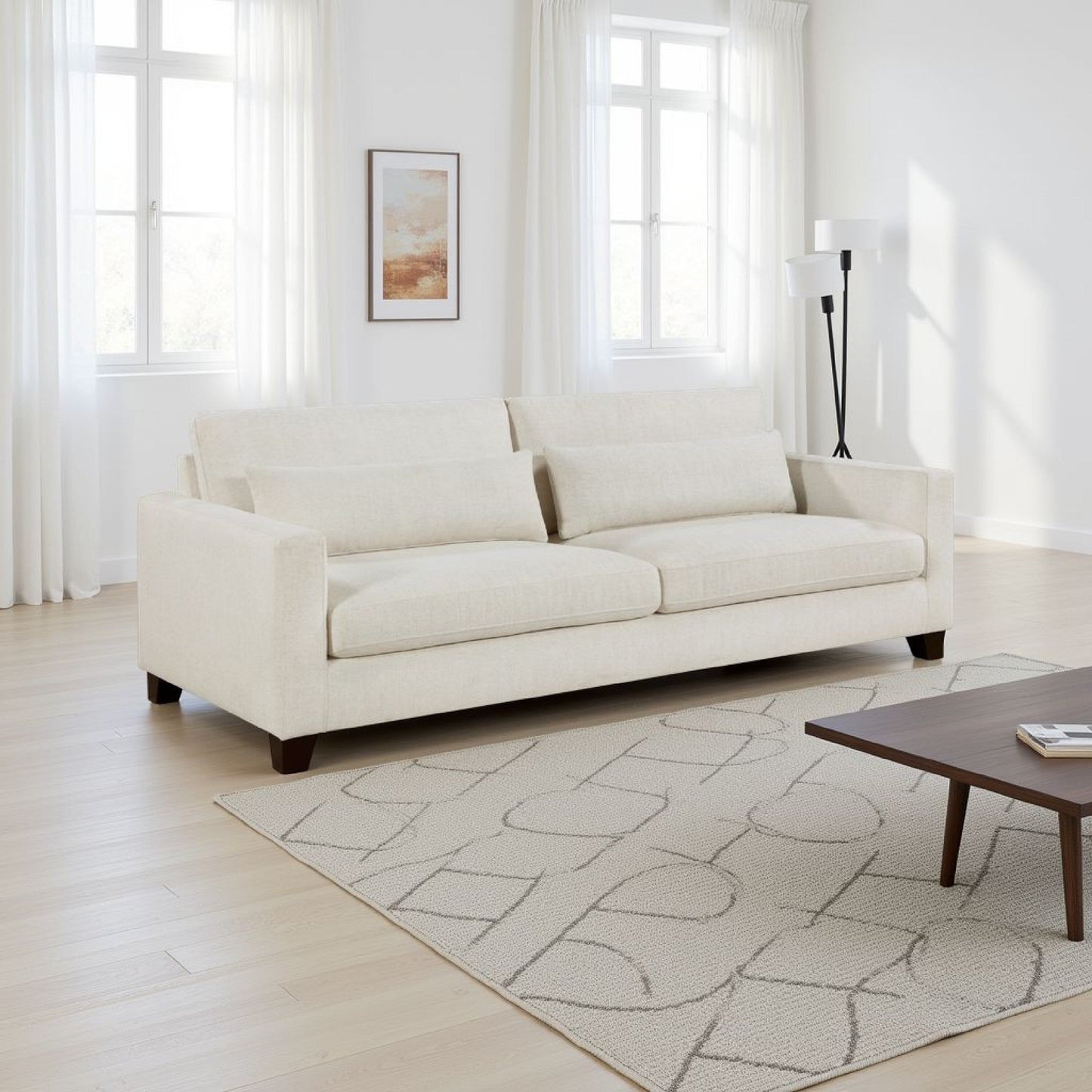 Divano Bior, 2 cuscini lombari, tessuto avorio, 89 pollici, design moderno