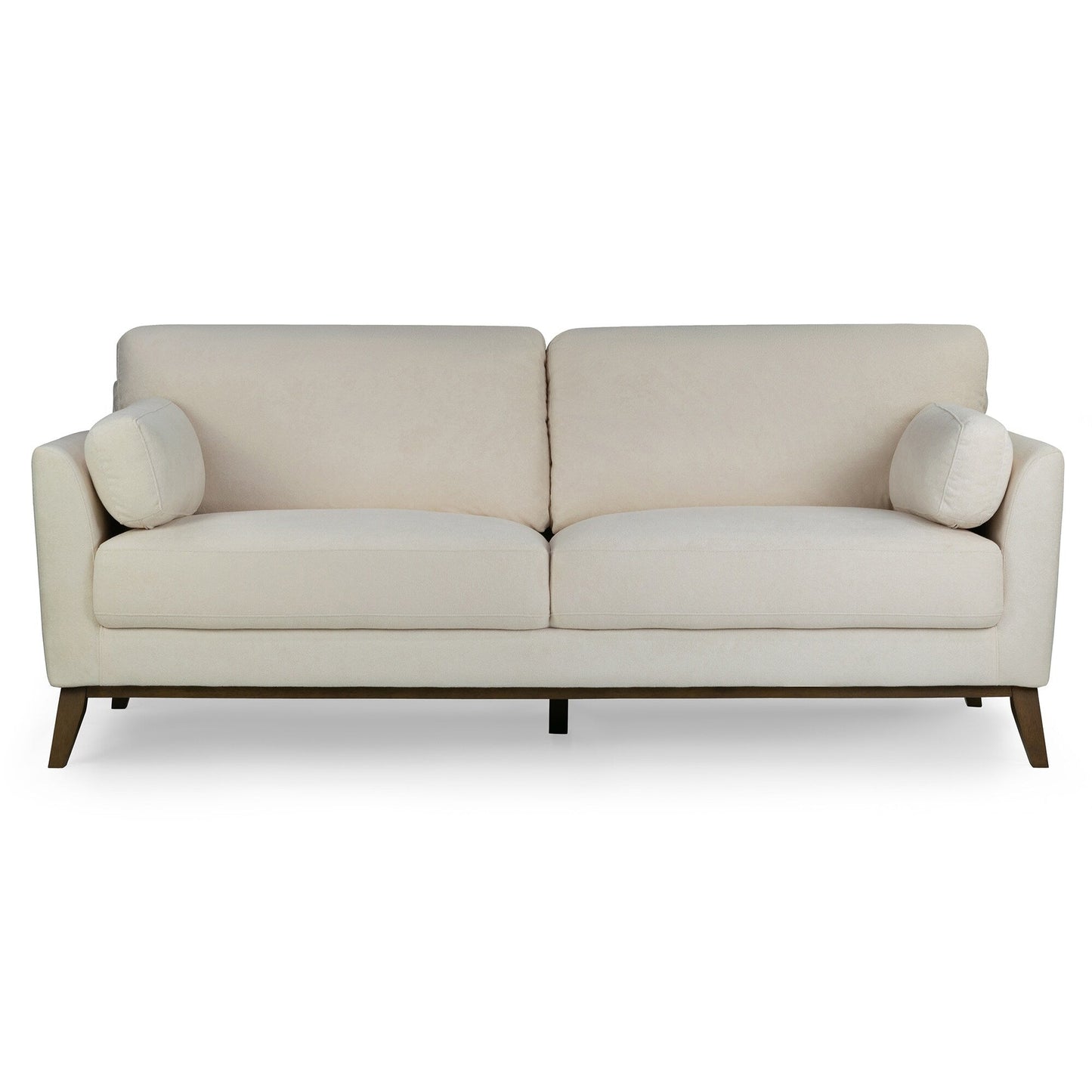 Divano in tessuto micro bouclé beige Birre con gambe in legno di noce