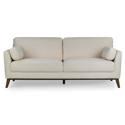 Divano in tessuto micro bouclé beige Birre con gambe in legno di noce