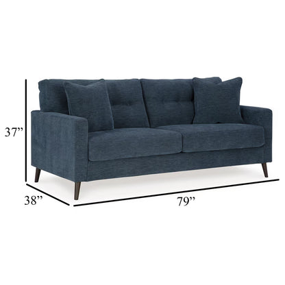 Divano Bixy, 79 pollici, blu scuro, braccioli Track, 2 cuscini decorativi