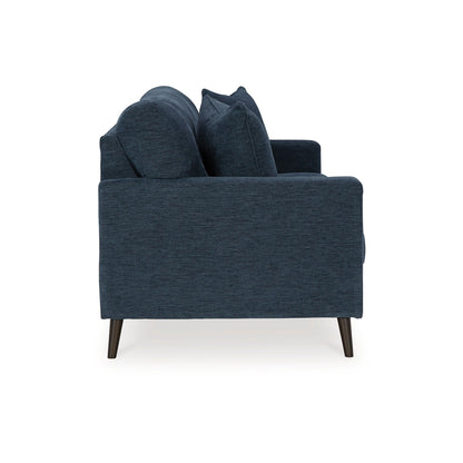 Divano Bixy, 79 pollici, blu scuro, braccioli Track, 2 cuscini decorativi
