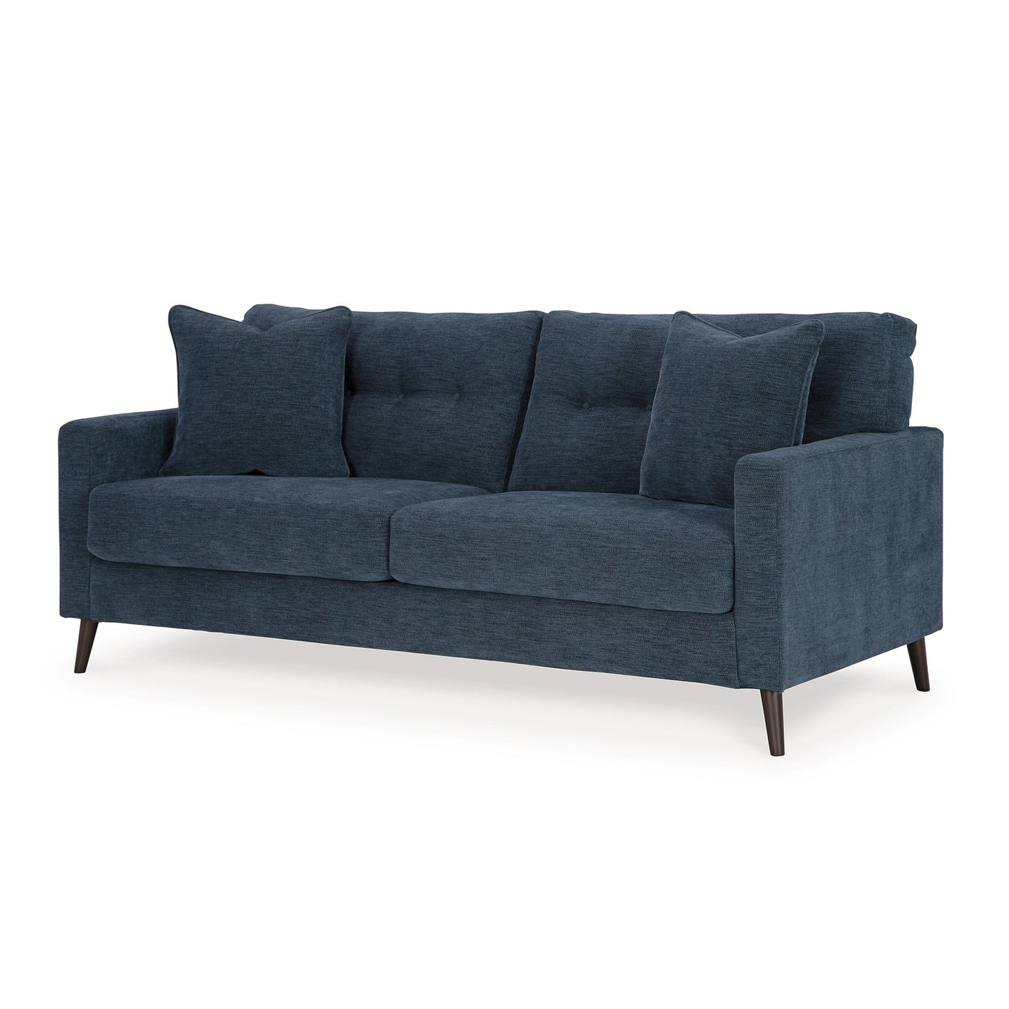 Divano Bixy, 79 pollici, blu scuro, braccioli Track, 2 cuscini decorativi