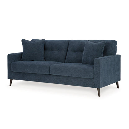 Divano Bixy, 79 pollici, blu scuro, braccioli Track, 2 cuscini decorativi
