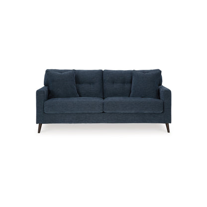 Divano Bixy, 79 pollici, blu scuro, braccioli Track, 2 cuscini decorativi