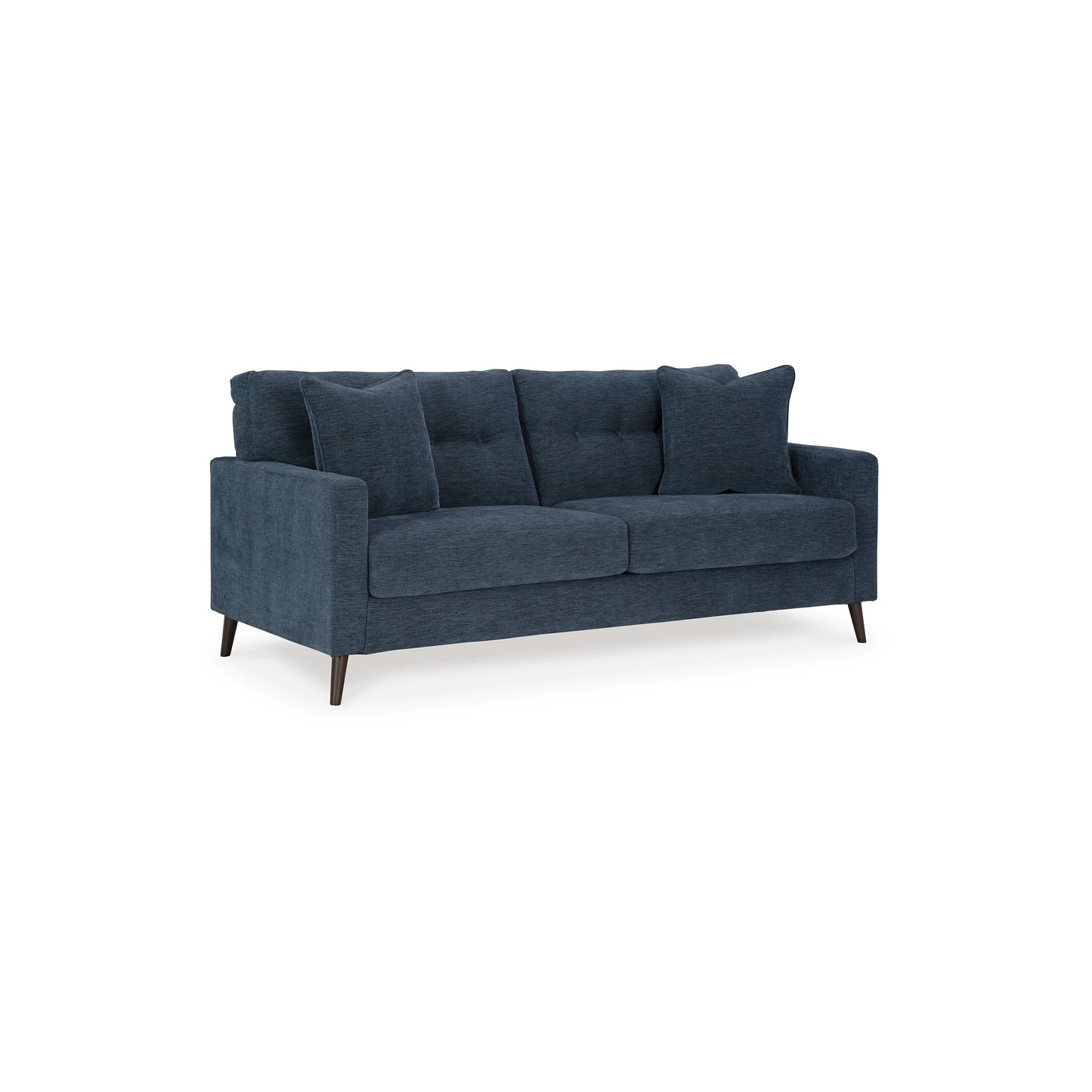 Divano Bixy, 79 pollici, blu scuro, braccioli Track, 2 cuscini decorativi