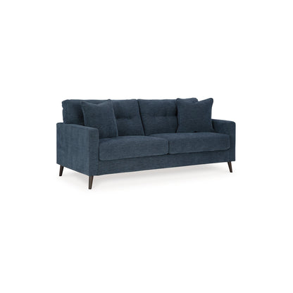 Divano Bixy, 79 pollici, blu scuro, braccioli Track, 2 cuscini decorativi
