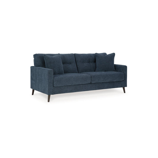 Divano Bixy, 79 pollici, blu scuro, braccioli Track, 2 cuscini decorativi
