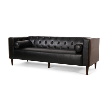 Divano Biya, 90 pollici, Chesterfield capitonné in similpelle nera, 2 cuscini