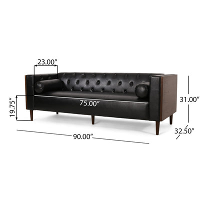 Divano Biya, 90 pollici, Chesterfield capitonné in similpelle nera, 2 cuscini