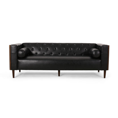 Divano Biya, 90 pollici, Chesterfield capitonné in similpelle nera, 2 cuscini