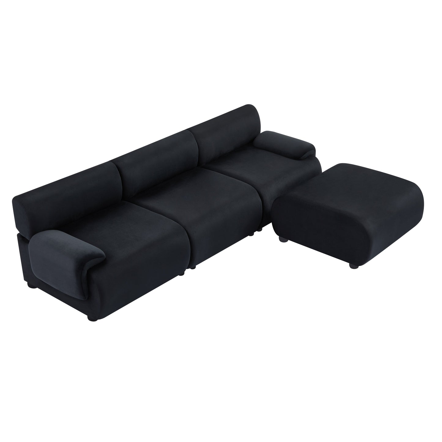 Divano componibile modulare grande a 3 posti Black 105 con pouf mobile, seduta profonda e struttura in legno massello
