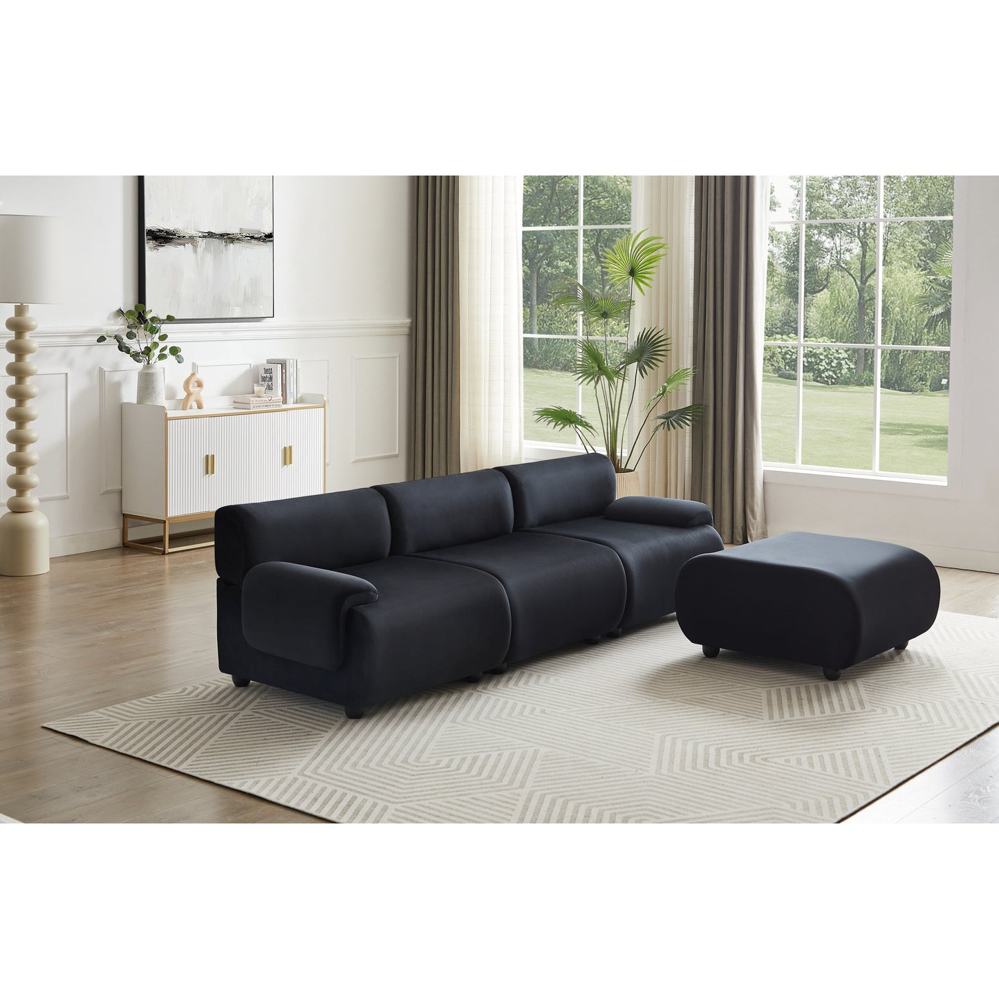 Divano componibile modulare grande a 3 posti Black 105 con pouf mobile, seduta profonda e struttura in legno massello