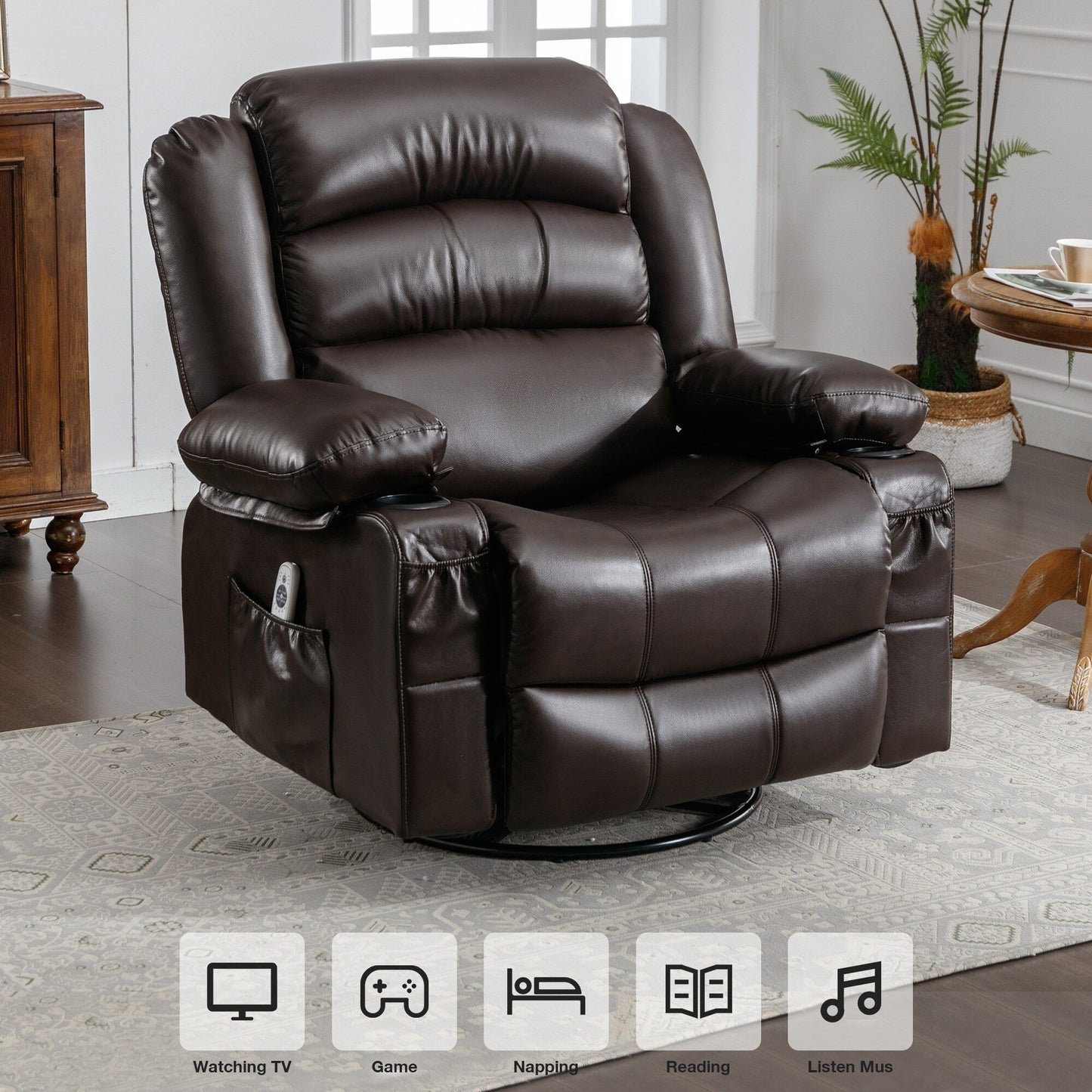 Poltrona reclinabile girevole a 360° nera con massaggio vibrante, riscaldamento, tasche laterali, porta USB e 2 portabicchieri