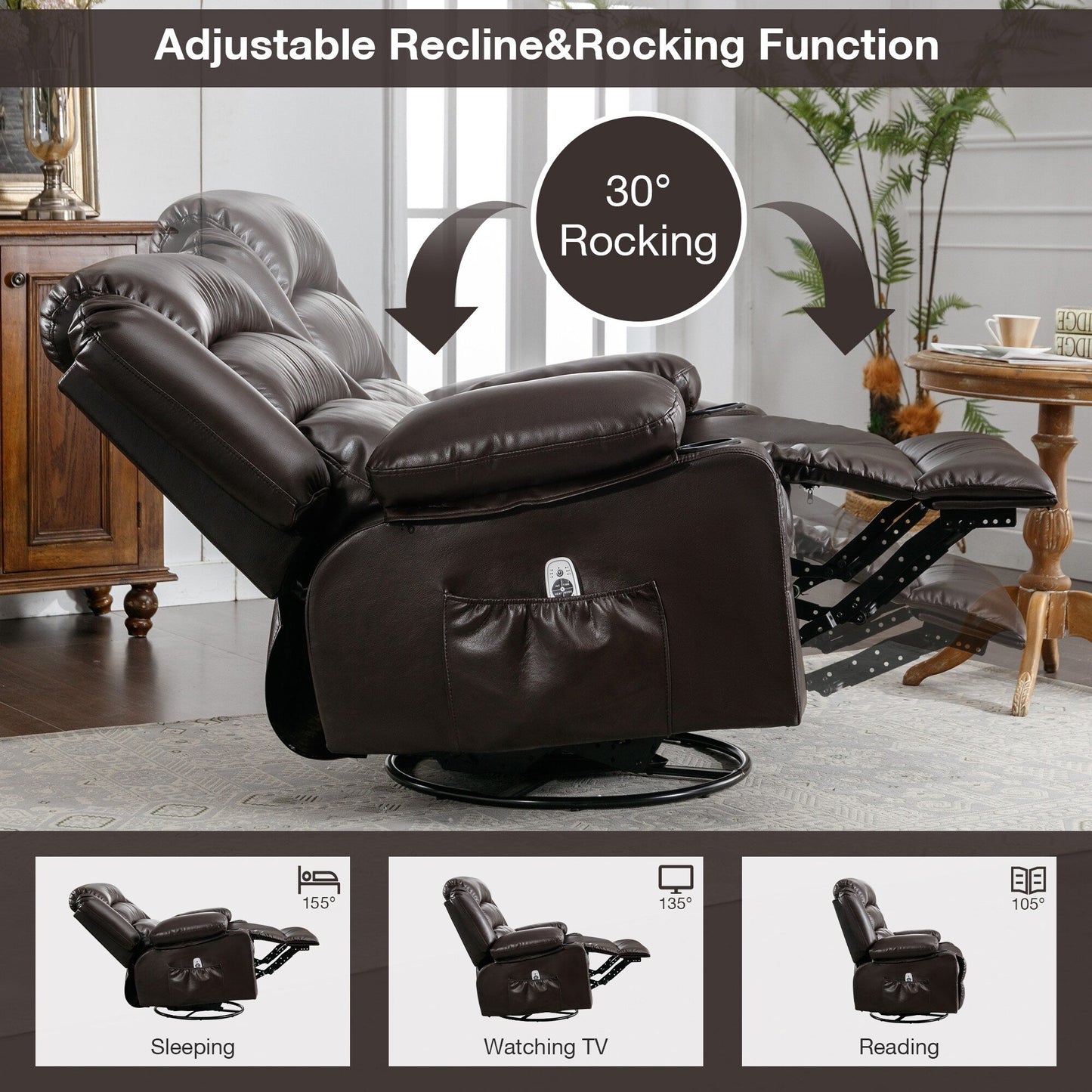 Poltrona reclinabile girevole a 360° nera con massaggio vibrante, riscaldamento, tasche laterali, porta USB e doppio portabicchieri