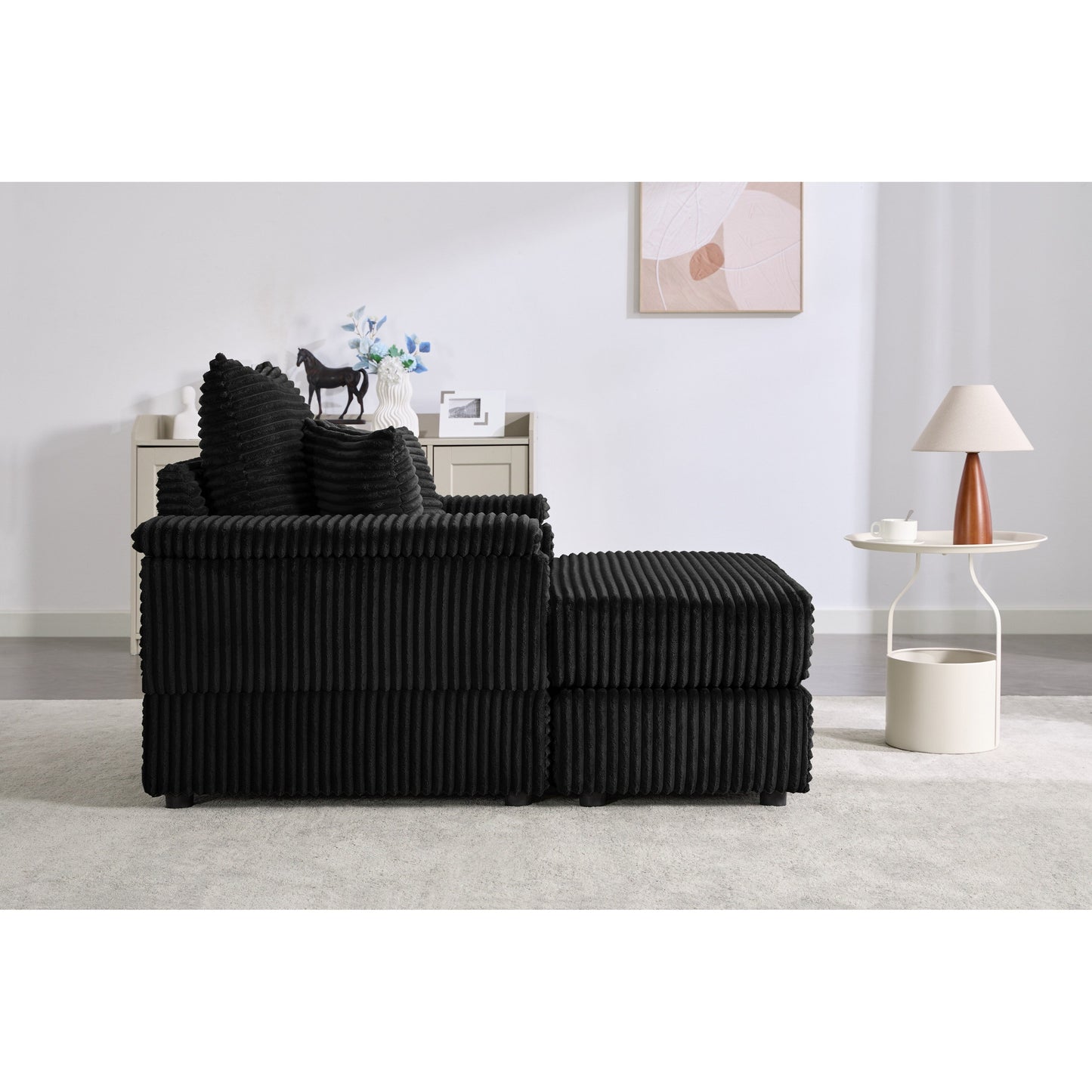 Divano letto singolo in velluto a coste nero 42.52 con seduta profonda, poggiapiedi rimovibile, bracciolo contenitore e 2 cuscini decorativi