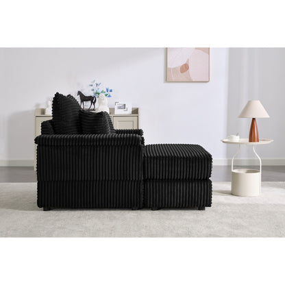 Divano letto singolo in velluto a coste nero 42.52 con seduta profonda, poggiapiedi rimovibile, bracciolo contenitore e 2 cuscini decorativi