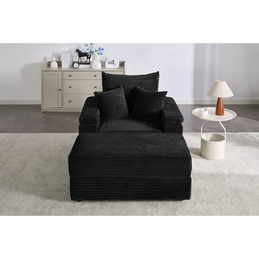 Divano letto singolo in velluto a coste nero 42.52 con seduta profonda, poggiapiedi rimovibile, bracciolo contenitore e 2 cuscini decorativi