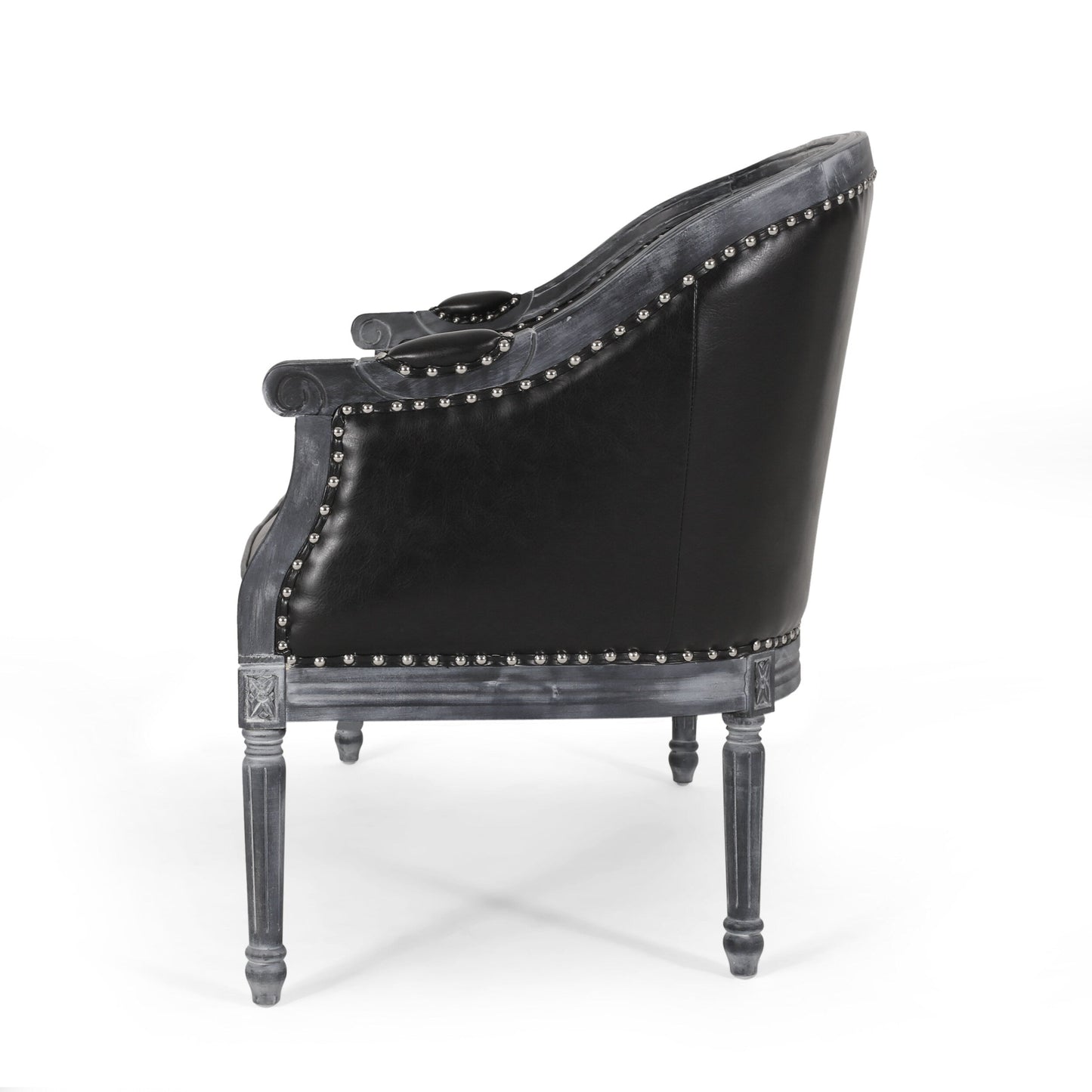 Divano a due posti in similpelle nera da 49,5 pollici con gambe tornite e borchie per soggiorno