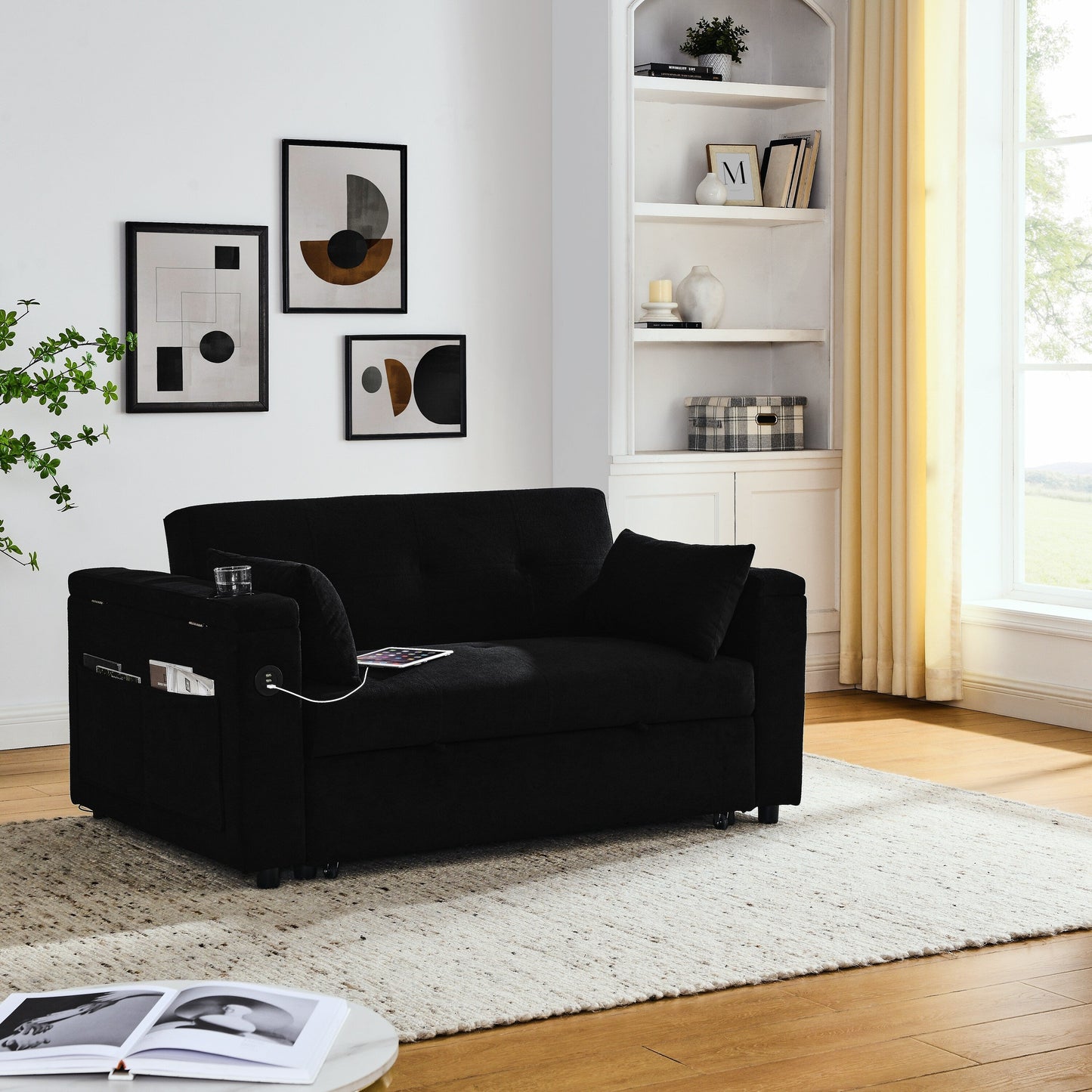 Divano in tessuto nero da 54'' a due posti: letto estraibile, bracciolo portaoggetti e porta di ricarica USB