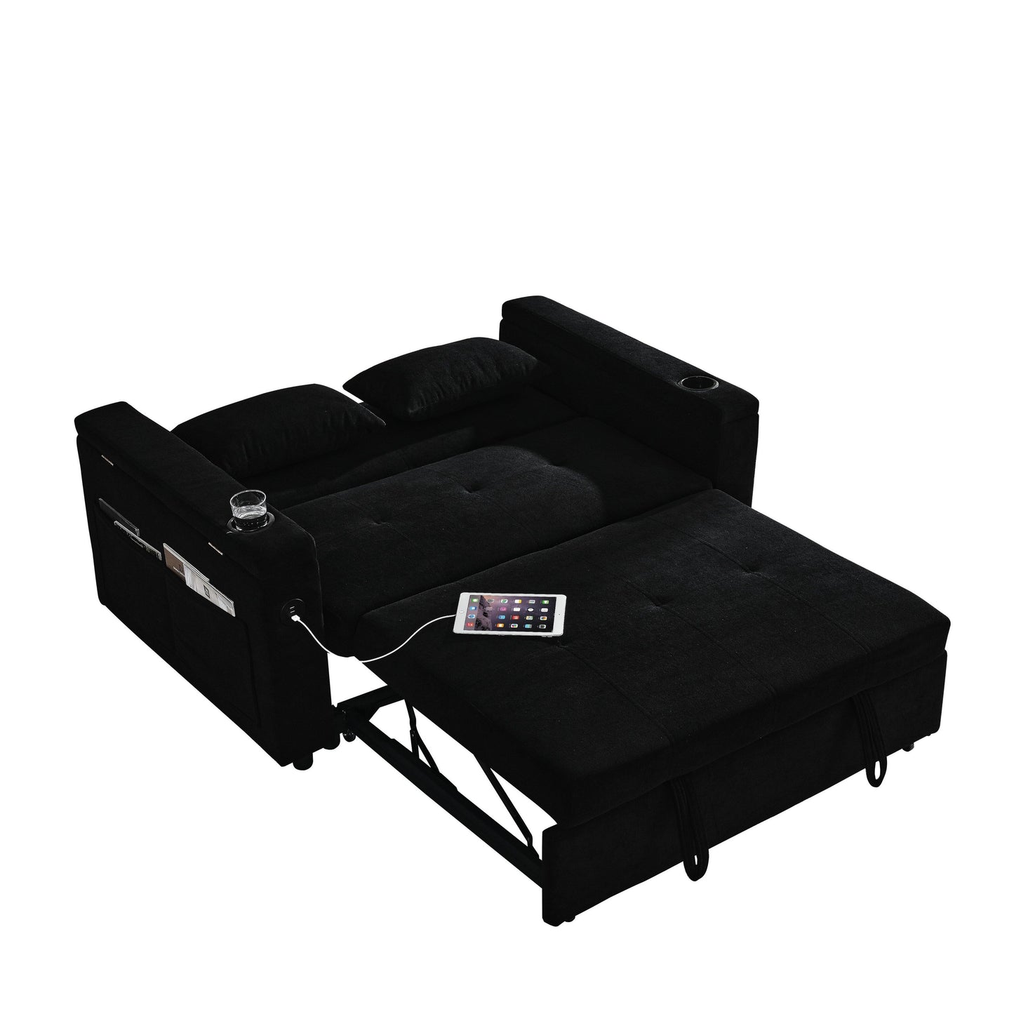Divano in tessuto nero da 54'' a due posti: letto estraibile, bracciolo portaoggetti e porta di ricarica USB
