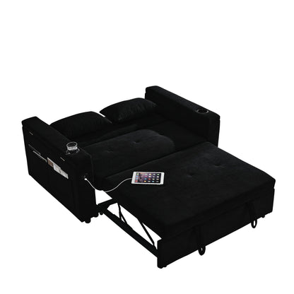 Divano in tessuto nero da 54'' a due posti: letto estraibile, bracciolo portaoggetti e porta di ricarica USB