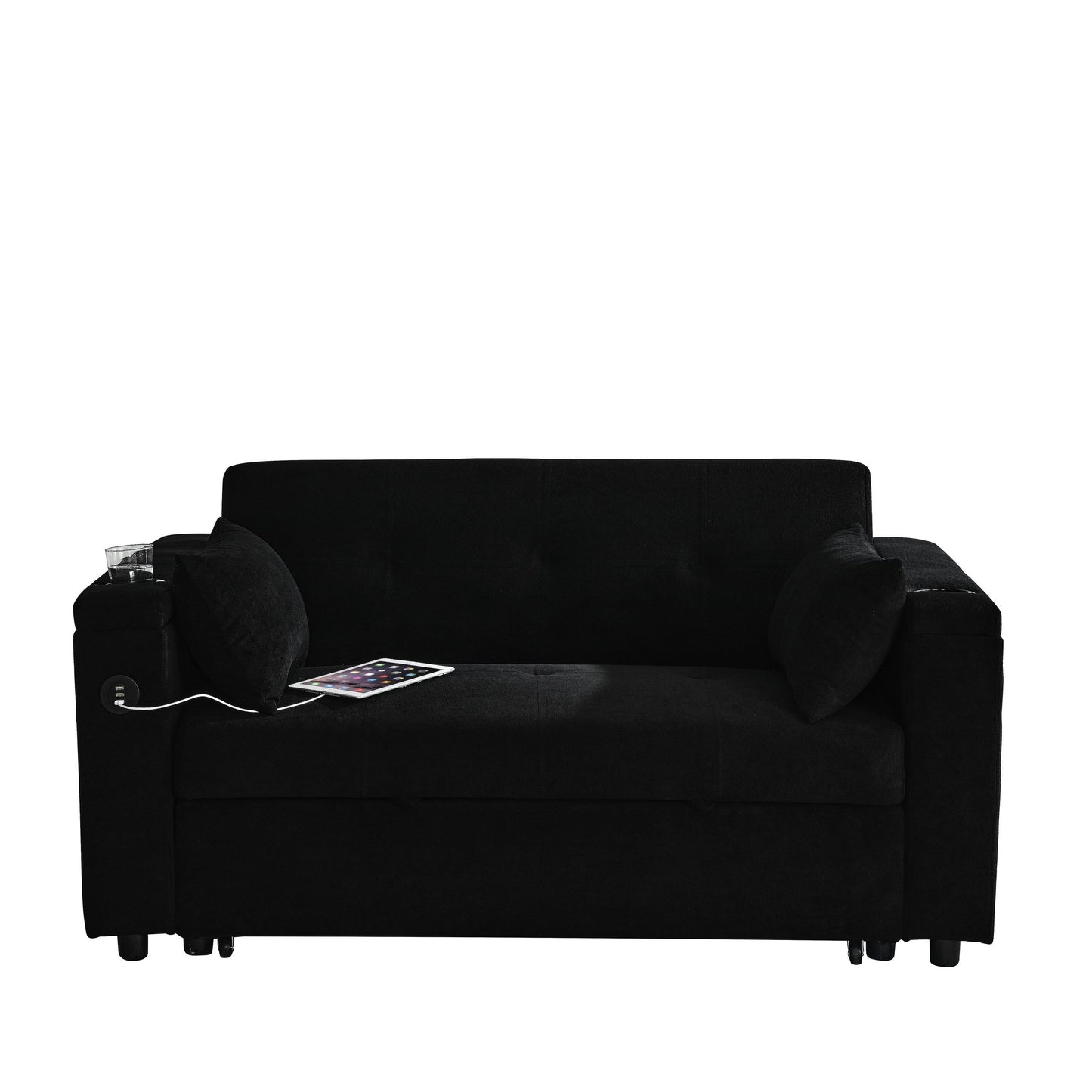 Divano in tessuto nero da 54'' a due posti: letto estraibile, bracciolo portaoggetti e porta di ricarica USB