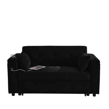 Divano in tessuto nero da 54'' a due posti: letto estraibile, bracciolo portaoggetti e porta di ricarica USB