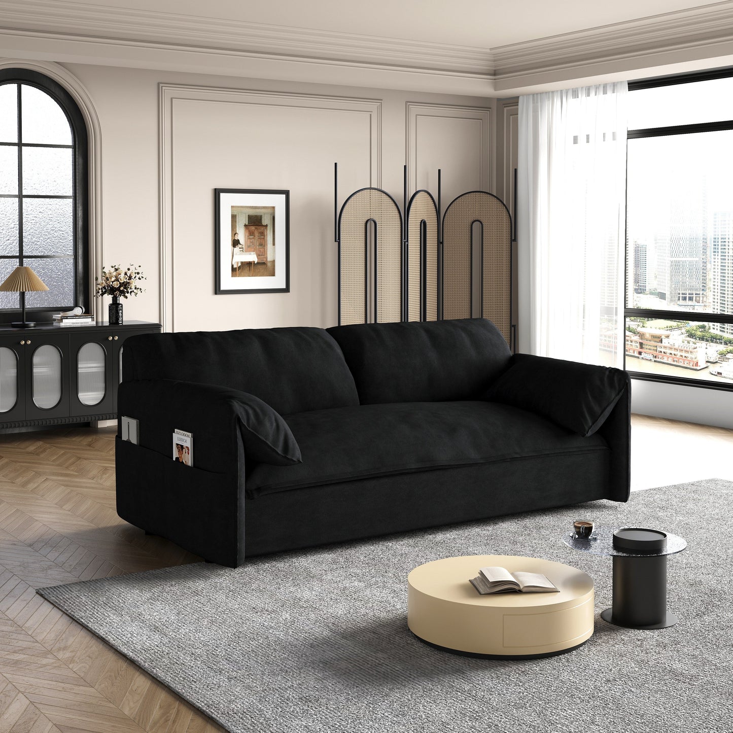 Divano letto estraibile 3 in 1 in velluto nero da 63,8 pollici con contenitore laterale per soggiorno