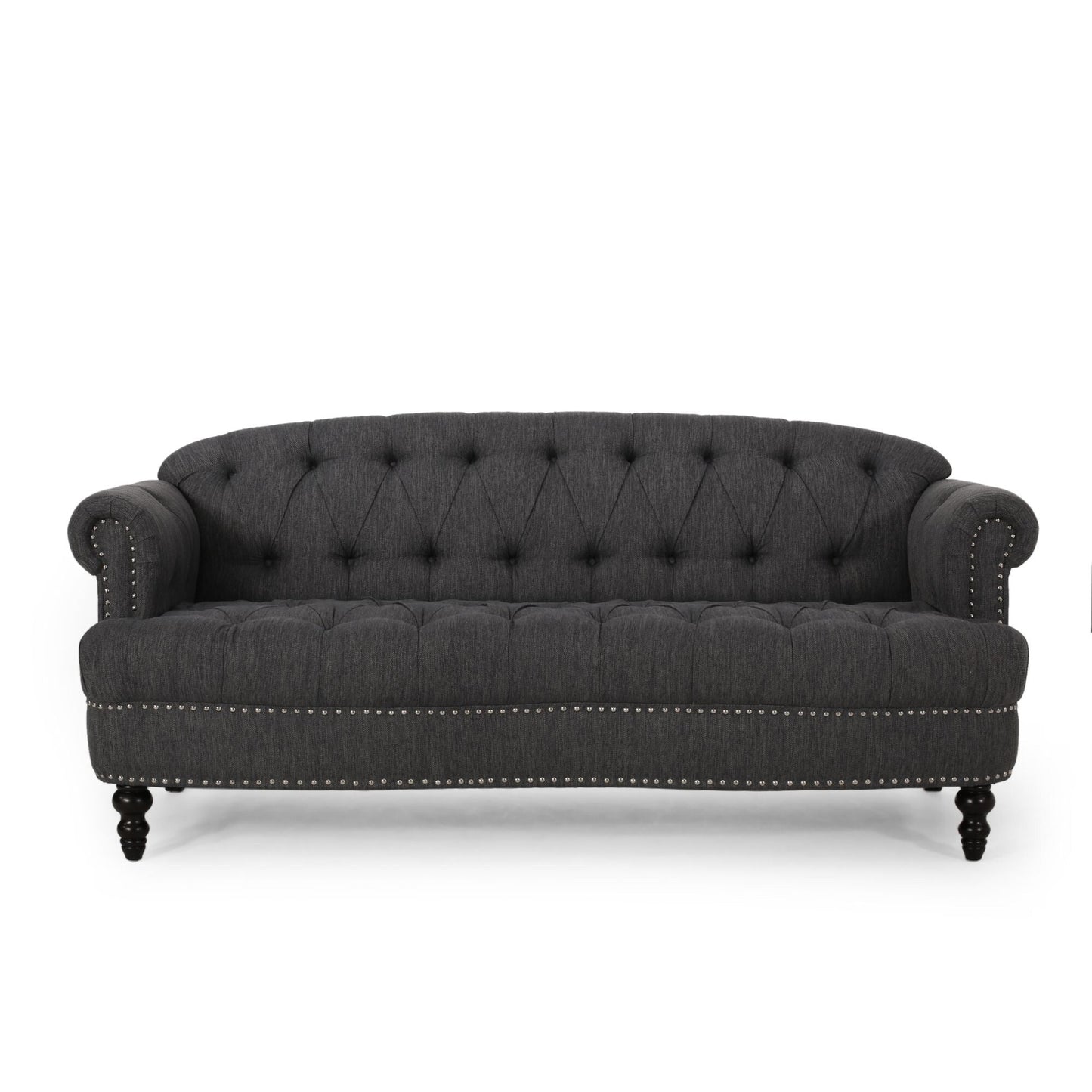 Divano a 3 posti in tessuto nero da 74'' con gambe in legno massello, finiture con borchie e design spazioso per il soggiorno
