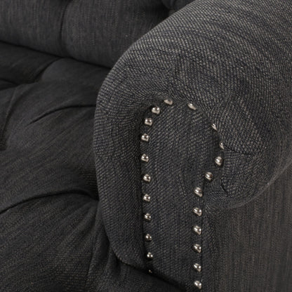 Divano a 3 posti in tessuto nero da 74'' con gambe in legno massello, finiture con borchie e design spazioso per il soggiorno