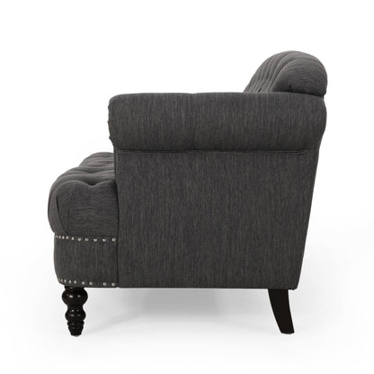 Divano a 3 posti in tessuto nero da 74'' con gambe in legno massello, finiture con borchie e design spazioso per il soggiorno