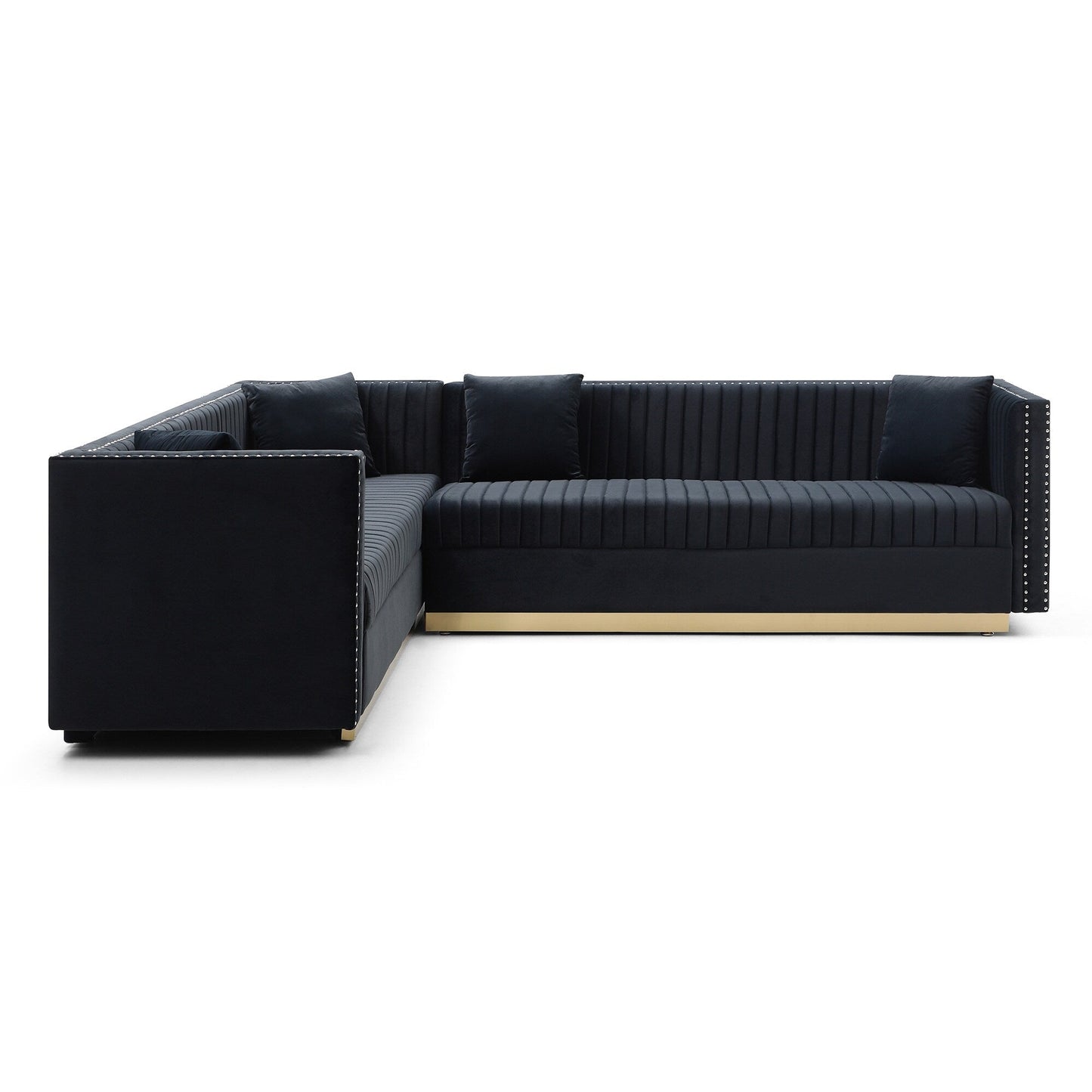 Divano angolare in velluto nero da 78'' a 6 posti con finiture a borchie, base dorata, trapuntatura a canali verticali e 4 cuscini