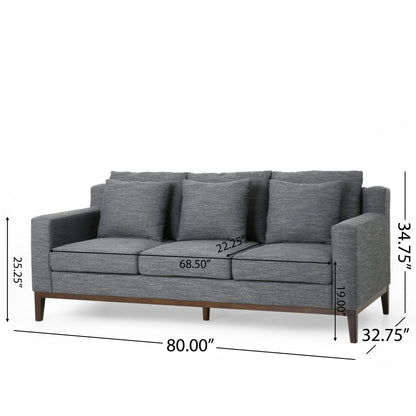 Divano a 3 posti in tessuto nero da 80'' con 3 cuscini, base in legno, struttura e gambe in legno massello, divano moderno per soggiorno