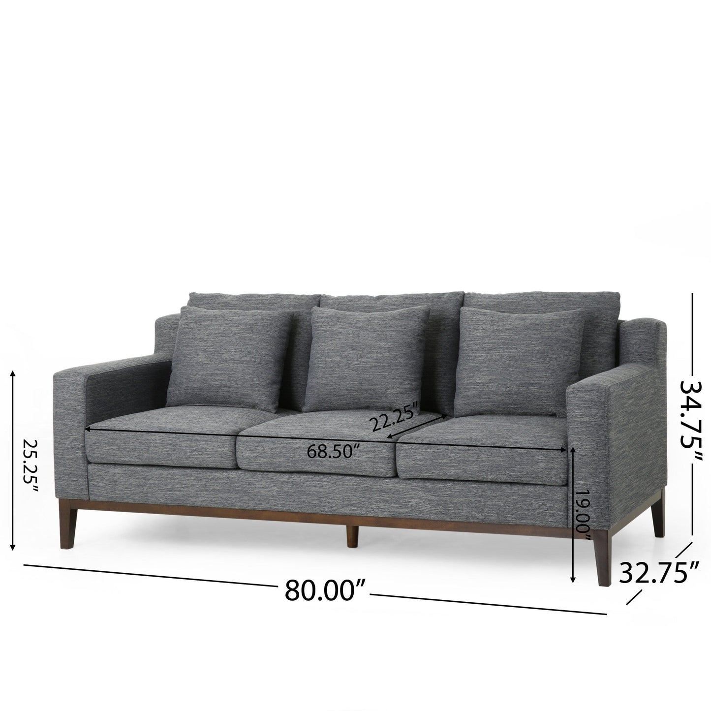 Divano a 3 posti in tessuto nero da 80'' con 3 cuscini, base in legno, struttura in legno massello