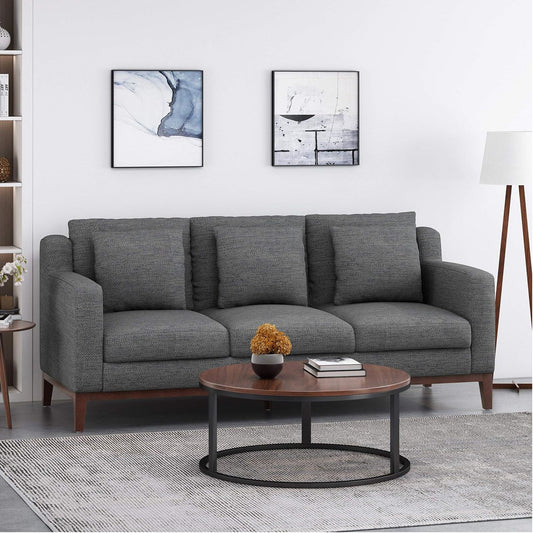 Divano nero in poliestere da 80'' con tre cuscini decorativi, rifiniture in legno e gambe in betulla