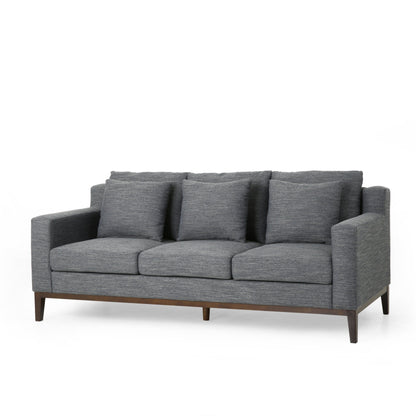 Divano nero in poliestere da 80'' con tre cuscini decorativi, rifiniture in legno e gambe in betulla