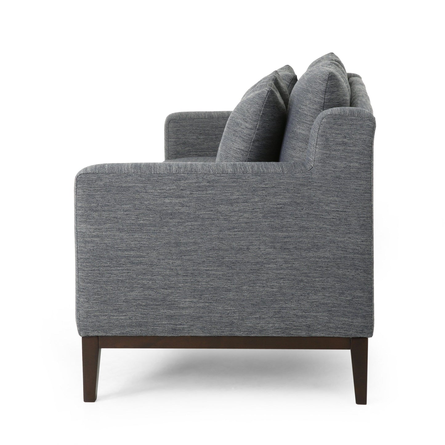 Divano nero in poliestere da 80'' con tre cuscini decorativi, rifiniture in legno e gambe in betulla