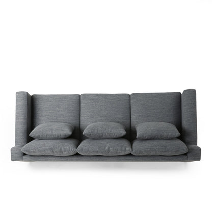 Divano nero in poliestere da 80'' con tre cuscini decorativi, rifiniture in legno e gambe in betulla