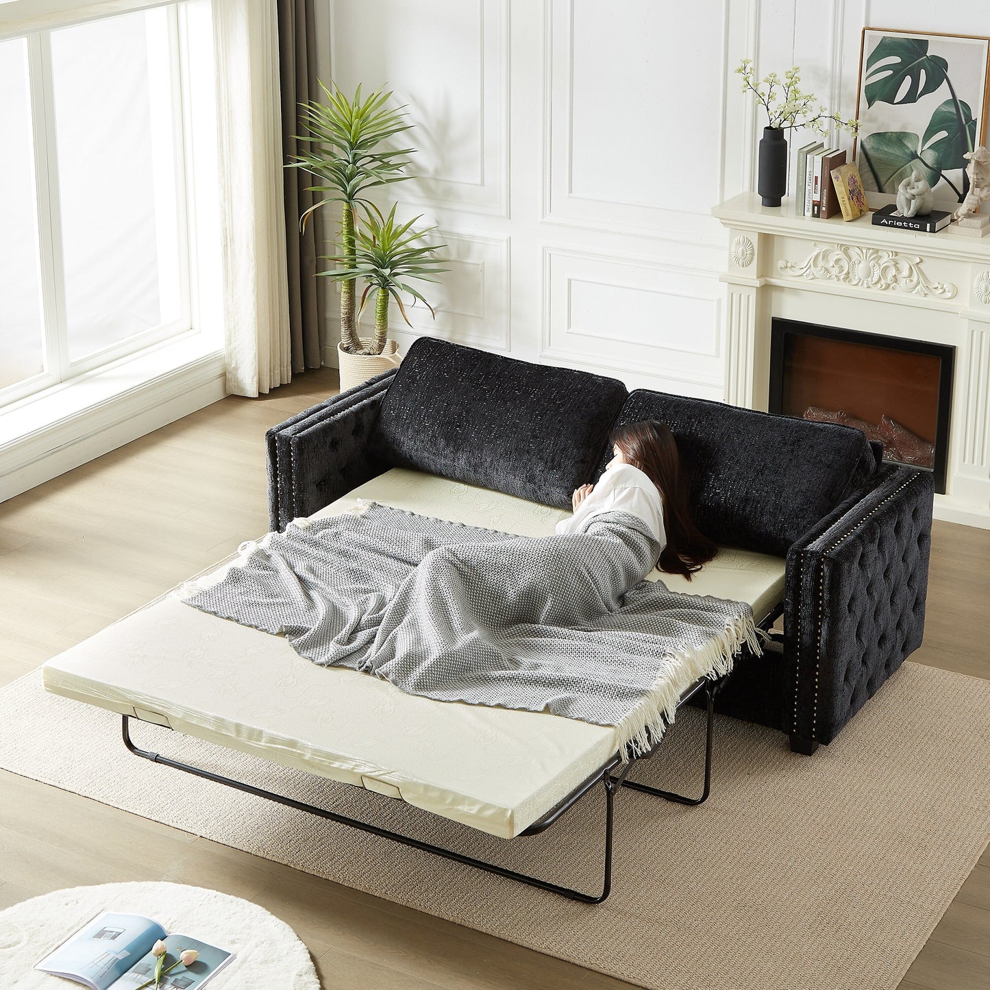 Divano letto a 3 posti in ciniglia nera 81 con borchie e materasso in memory foam per soggiorno