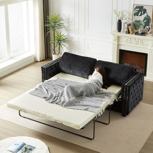 Divano letto a 3 posti in ciniglia nera 81 con borchie e materasso in memory foam per soggiorno